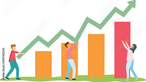 People holding up a green arrow over a bar graph showing growth and progress in business success