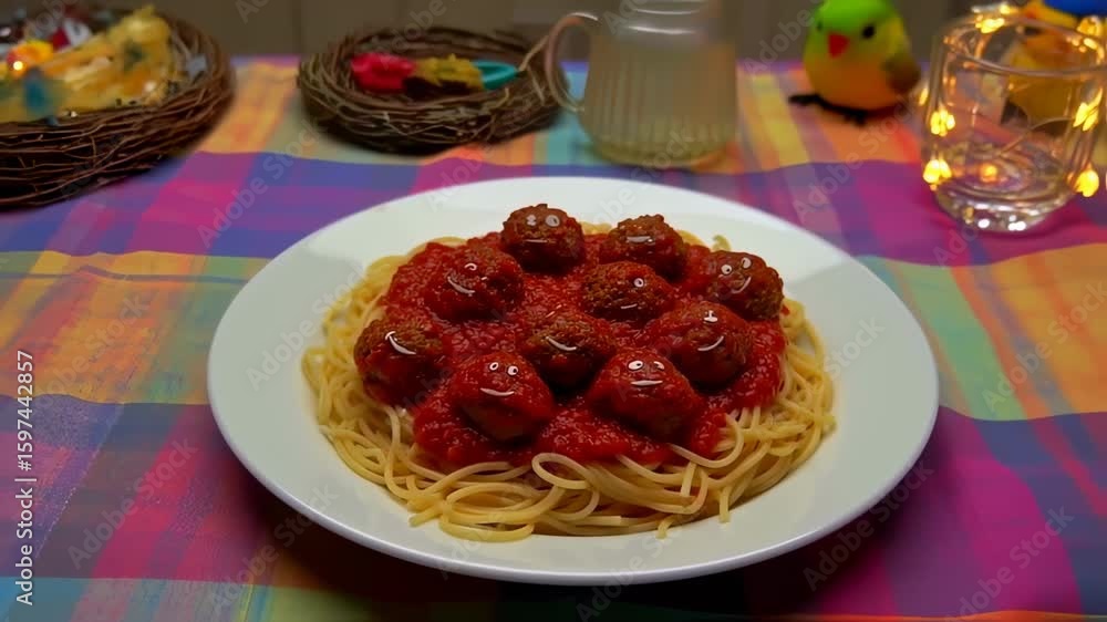 Delicious spaghetti with funny meatballs faces on top, served on a plate on the table Delicious spaghetti with funny meatballs faces on top, served on a plate on the table