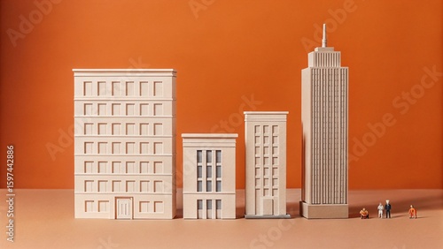 Miniature buildings of varying sizes with tiny people nearby