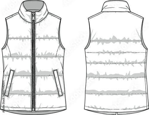 Sleeveless puffer vest, front view, back view, winter fashion, vector illustration, cold weather, apparel design, garment mockupSleeveless puffer vest, front 