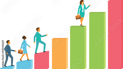 Business people climbing bar graph for career growth and success with woman on top of the highest bar