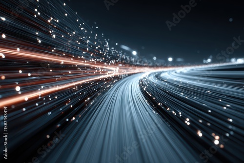 Abstract image of fiber optic cables with glowing light trails. Depicts data transfer, technology, and future digital communications.