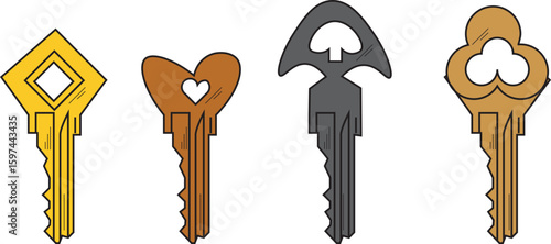 The Illustration of key with unique shape such as heart, diamond, clove, and spade