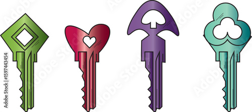 The Illustration of key with unique shape such as heart, diamond, clove, and spade