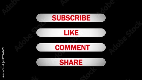 Motion graphics overlay with animated subscribe like comment share buttons for tv and online use. Modern clean interface design motion graphics of social media buttons subscribe like comment share.