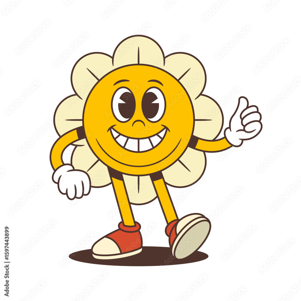 Naklejka premium Friendly flower mascot with a big smile flashing a peace sign, spreading positivity and warmth. Great for stickers, branding, greeting visuals, and uplifting seasonal content. vector illustration