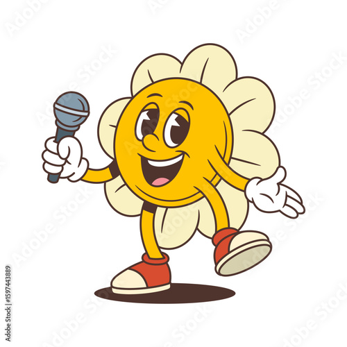 Expressive flower mascot singing into a microphone with passion and energy, ideal for music-themed projects, performance visuals, and entertainment branding. vector illustration