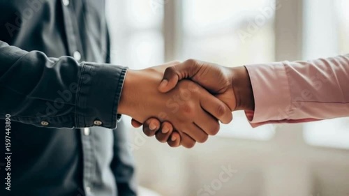 Close up of two people shaking hands wearing dress shirts indoors light hd , 4k , mp4 video