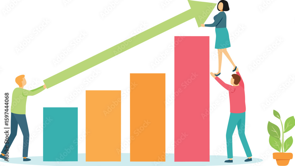 Fototapeta premium People working together to increase bar graph with green arrow pointing upwards to show growth