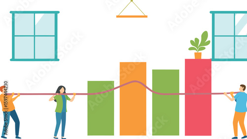 People pulling rope across bar chart in a room with windows and a hanging light fixture above it