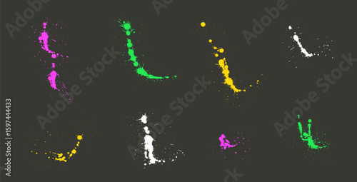 Graffiti art spray splatters set. Grunge urban street graffiti splashes drips. Paint spots and blob shapes. Collage smudge bold color elements. Dirty liquid spatters. Vector hand drawn decoration.