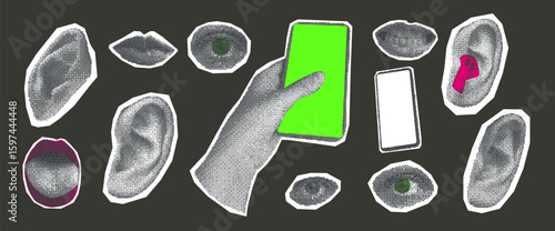 Halftone ears, eyes, lips collage set. Cutout hand holding mobile stickers for mixed media. Smartphones with empty screen and mouth. Vector illustration on dark background.