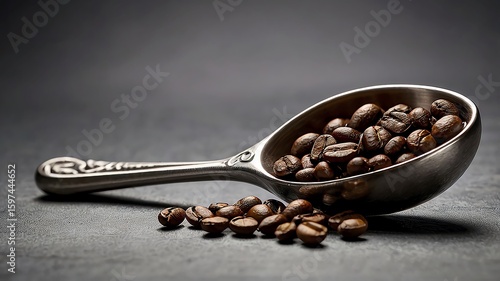 a collection of coffee beans on a kitchen spoon and a sprinkling of coffee beans.