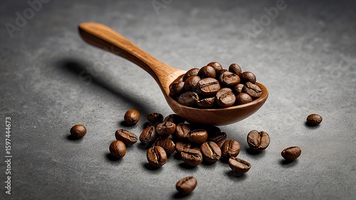 a collection of coffee beans on a kitchen spoon and a sprinkling of coffee beans.
