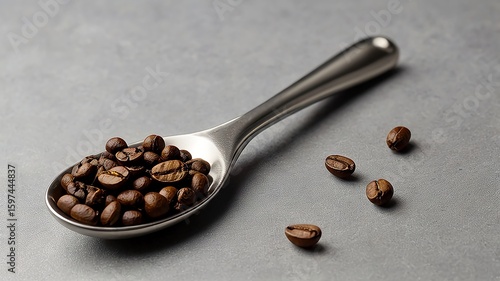 a collection of coffee beans on a kitchen spoon and a sprinkling of coffee beans.
