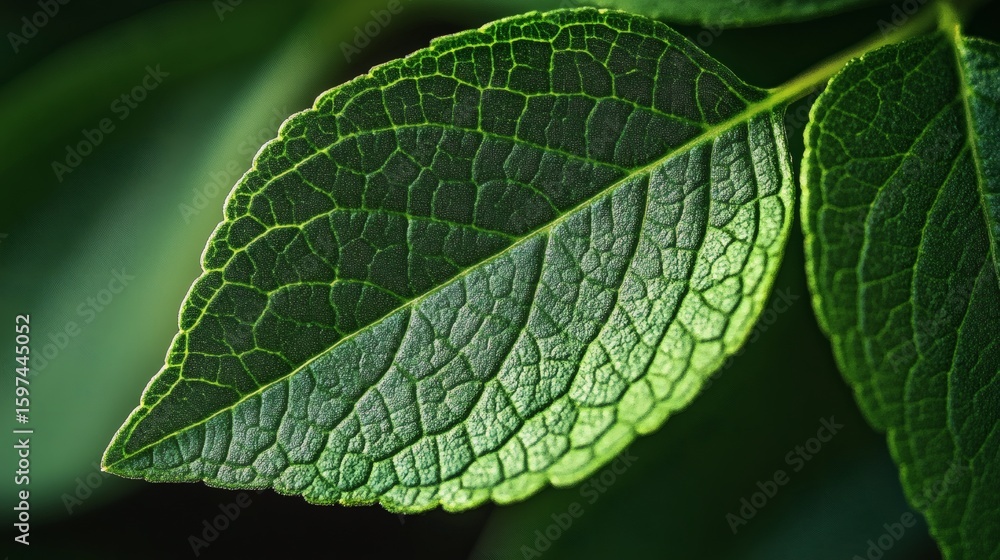 Detailed close-up of a vibrant green leaf. Detailed close-up of a vibrant green leaf.