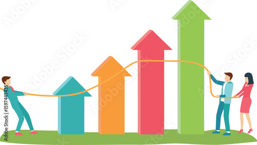 Teamwork pulling rope to increase arrow chart bars for business growth and success concept illustration