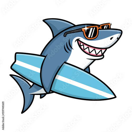 Flat vector illustration of a cool blue-gray shark with a white belly, wearing orange-framed sunglasses and holding a blue surfboard with a white stripe, outlined in bold black lines.