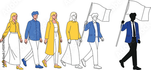 Group of people walking with flags illustration for protest or demonstration concept design art style vector
