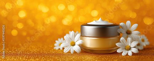Whipped cream texture in a jar surrounded by daisies on a vibrant orange background with shimmering highlights