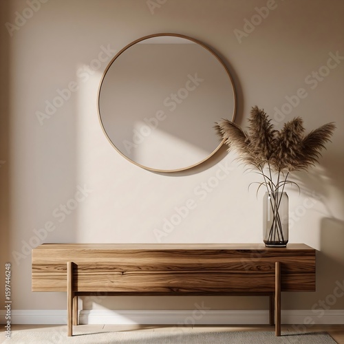Elegant modern minimalist interior: wood console, round mirror & pampas grass. Aesthetic home decor.