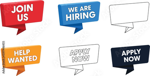 Job openings and career opportunities: we are hiring, apply now, join us, and help wanted vector set vector