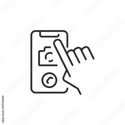 Mobile video call icon. Outline icon of a hand tapping on a smartphone screen to start a video call. Ideal for representing mobile apps or digital communication platforms. Vector illustration