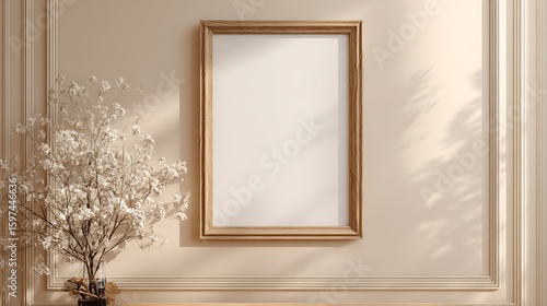 Elegant Gold Frame Mockup with White Flowers in Sunlit Room