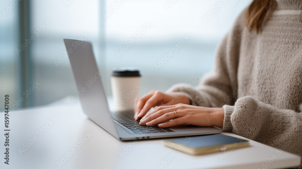 Fototapeta premium Remote work or freelance lifestyle with a person working on a computer