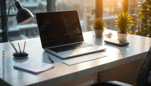 Wallpaper Mural A modern office desk setup featuring a laptop, plants, and a lamp bathed in sunlight. Torontodigital.ca