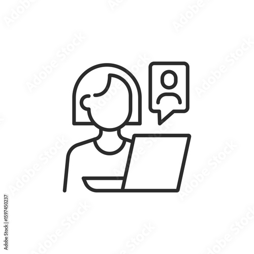Online chat icon. Simple outline icon of a woman using a laptop for virtual communication. Ideal for messaging, video call apps, online meetings, or remote work platforms. Vector illustration