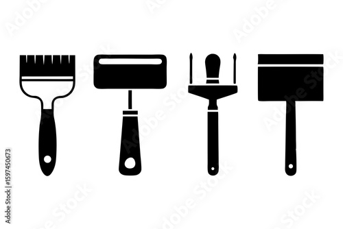 Black and white paintbrush icons set, tools, brushes