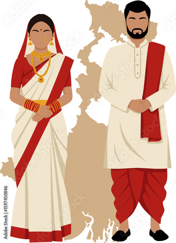 Bengali couple wearing red and white traditional dress stand together