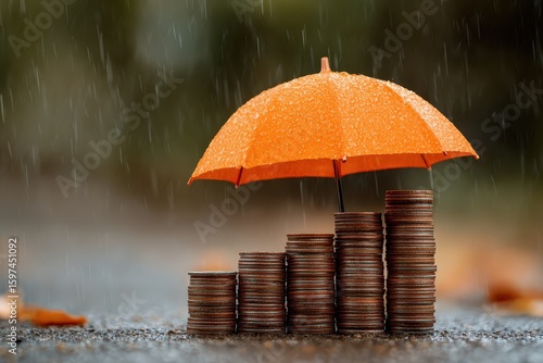 Stacks of coins are under a wet orange umbrella during a rain shower. It shows protecting finances, savings, and investments from risk.