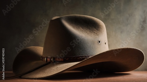 A classic brown cowboy hat with a dark band, dramatically lit against a muted backdrop. Timeless western style .