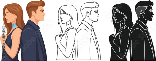 Couple back to back vector illustration relationship problems design elements for graphic design use vector