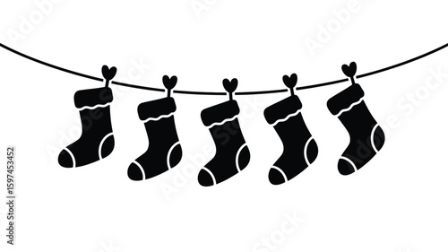 Festive Christmas Stocking Garland Silhouette with Heart Clothespins on White