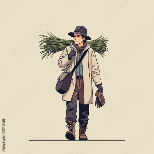 Cartoon Man Carrying Hay Wearing Beige Coat and Black Hat