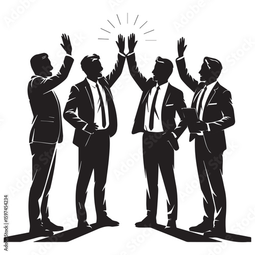 Four silhouetted businessmen in suits giving each other a high five in celebration of success and teamwork
