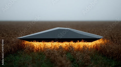 Fototapeta Naklejka Na Ścianę i Meble -  A sleek dark triangular spacecraft hovers low over a field of golden wheat illuminated by a warm glow from its underside