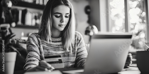 Young Woman Using Credit Card for Online Shopping at Desk, E-commerce Shopping at Home, Digital Payment with Credit Card


