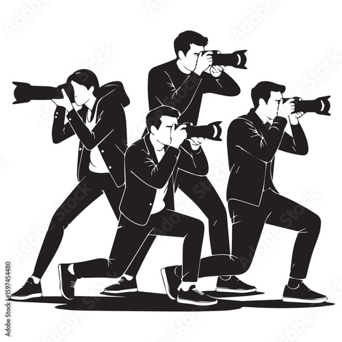 Group of photographers in action capturing moments with professional cameras in a dynamic stylized illustration