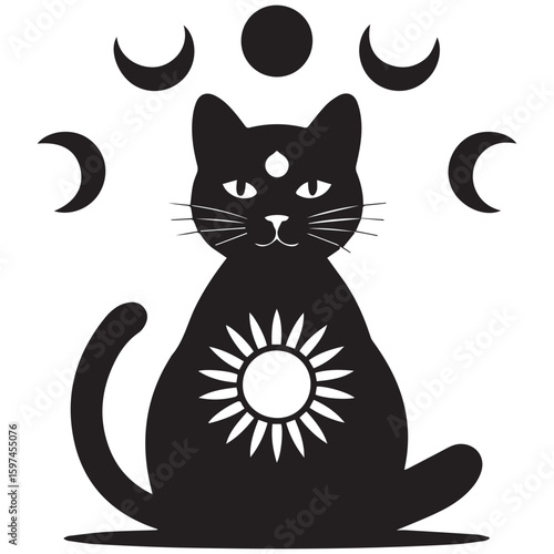 Mystical black cat with celestial sun and moon phases symbolizing magic and spirituality