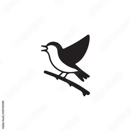 Black silhouette of a bird singing on a branch black and white