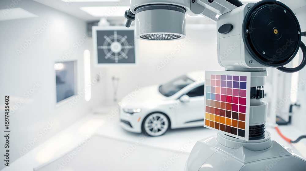 Automotive paint box in service center with Color Chart in Modern Vehicle Testing Laboratory with White Car Automotive paint box in service center with Color Chart in Modern Vehicle Testing Laboratory with White Car