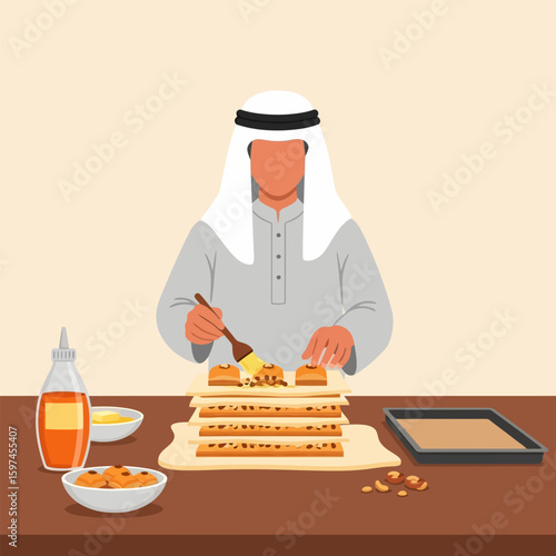 Man Preparing Arabic Pastry with Brush on Wooden Table