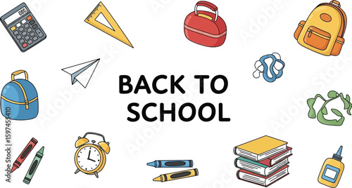 Vector art of a playful back to school design features a backpack, calculator, ruler, lunchbox, paper plane, alarm clock, books, and glue