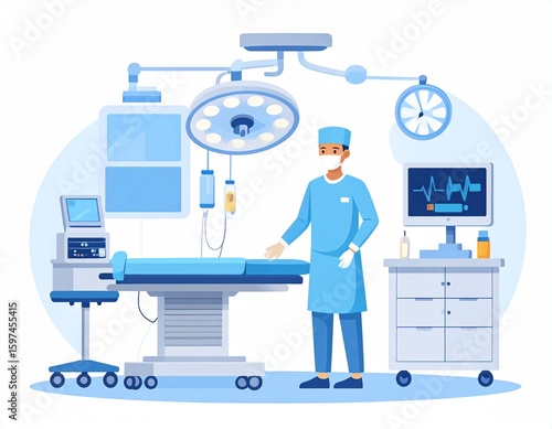 Vector surgeon in operating room preparing for surgery, white background