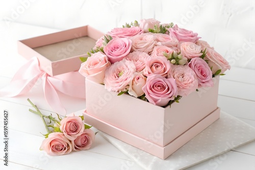 pink roses and gift box