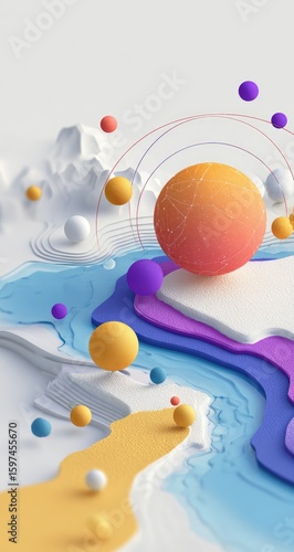 Abstract 3D landscape with layered forms and colorful spheres